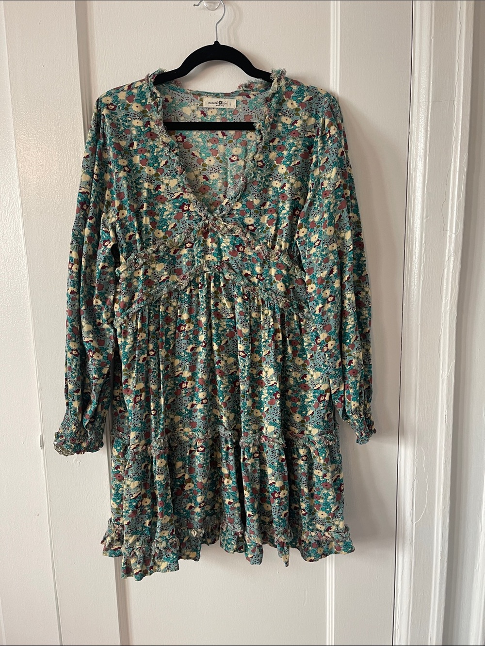 NATURAL LIFE Teal Floral Long-Sleeve Ruffle Dress
